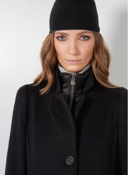 Black wool coat with nylon bib