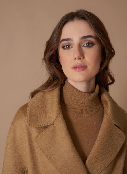 Long double breasted camel color coat in camel hair