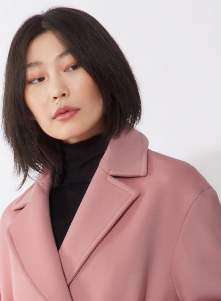 Double breasted pink belted coat in wool