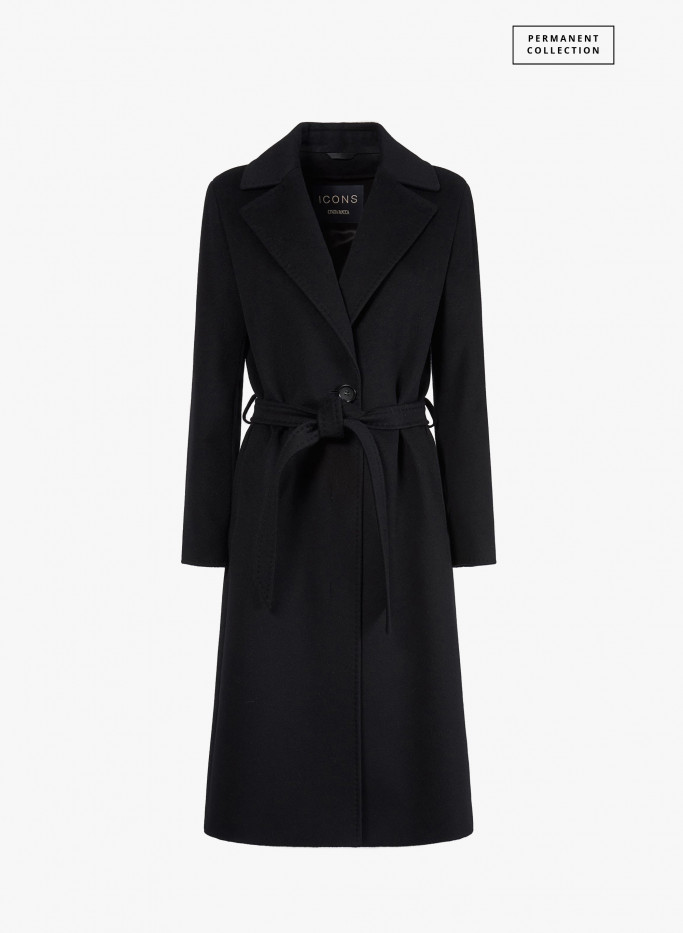 Black wool belted coat with notch collar