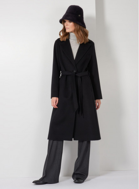 Black wool belted coat with notch collar