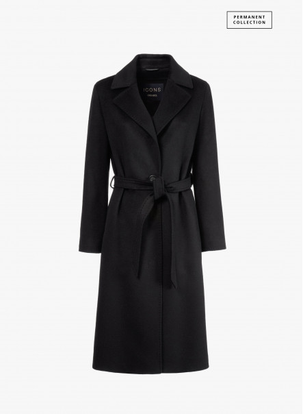 Belted black pure cashmere coat with notch collar - Cinzia Rocca