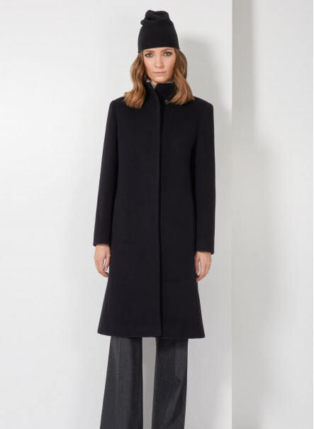 Black wool and cashmere coat with high stand up collar