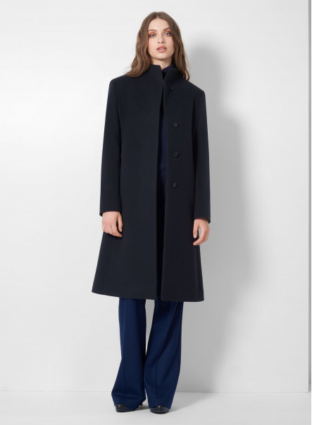 Blue wool and cashmere coat with high stand up collar
