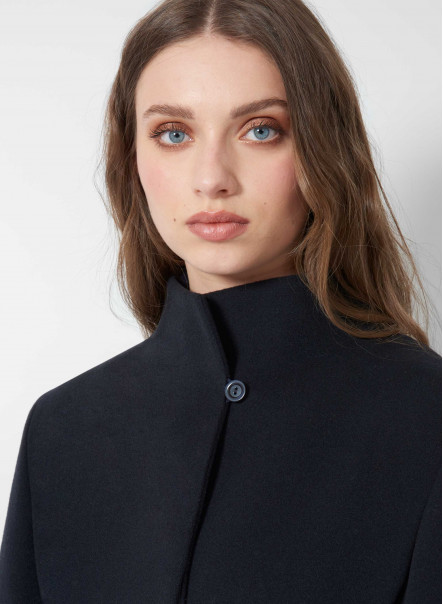 Blue wool and cashmere coat with high stand up collar