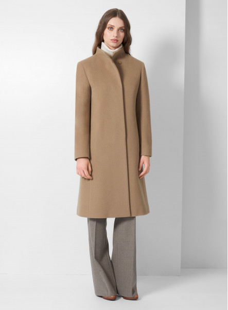 Camel wool and cashmere coat with high stand up collar