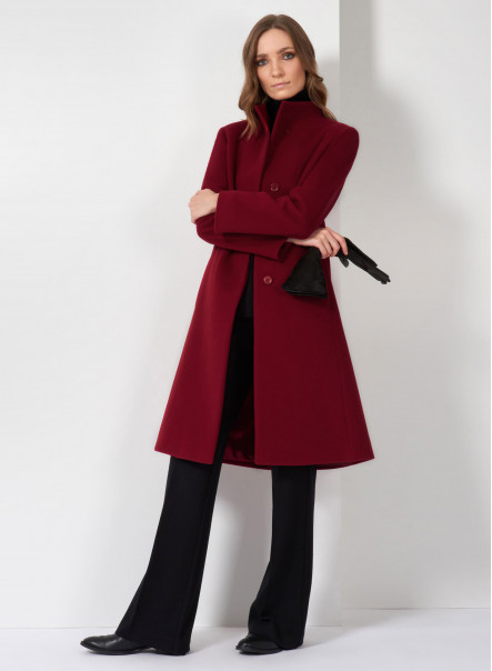 Ruby red wool and cashmere coat with high stand up collar