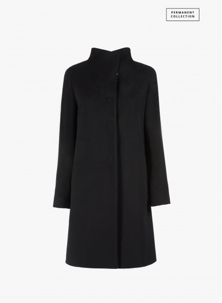 Black pure cashmere coat with high stand collar