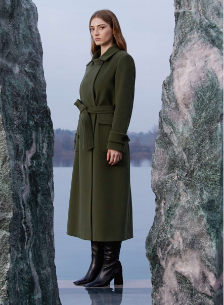Green double breasted long belted coat in wool and cashmere