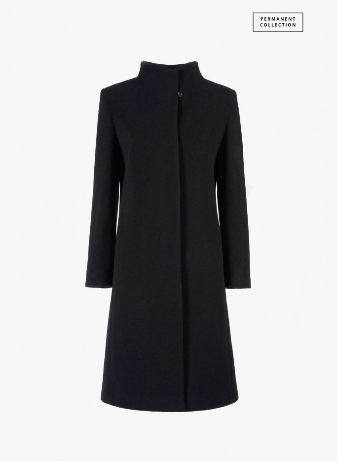 Black pure cashmere coat with high stand up collar