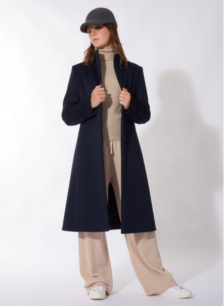 Blue pure cashmere coat with high stand up collar