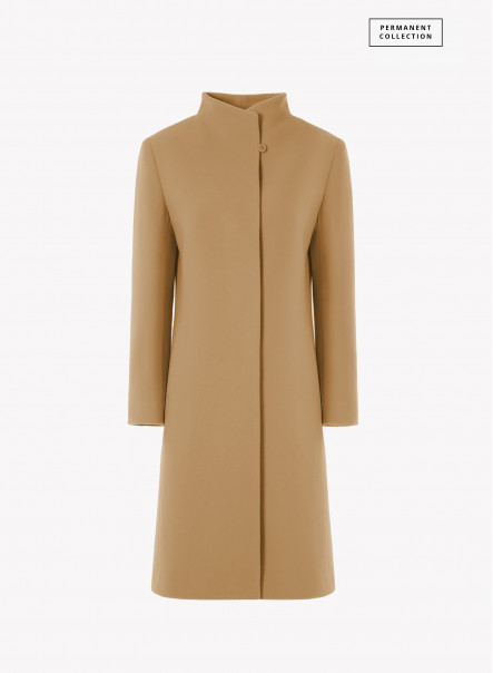 Camel pure cashmere coat with high stand up collar