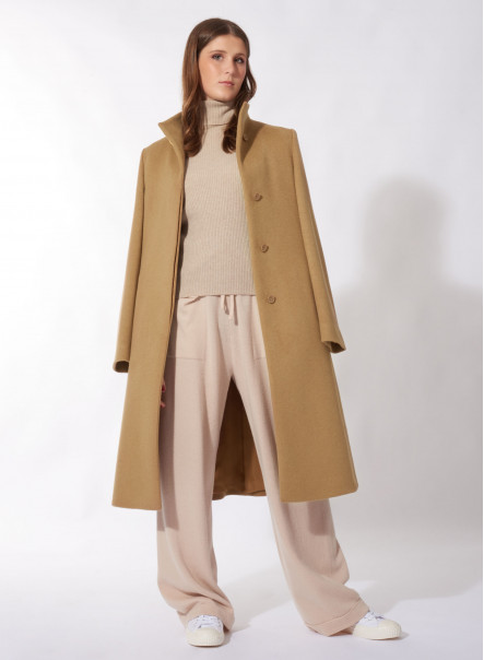 Camel pure cashmere coat with high stand up collar