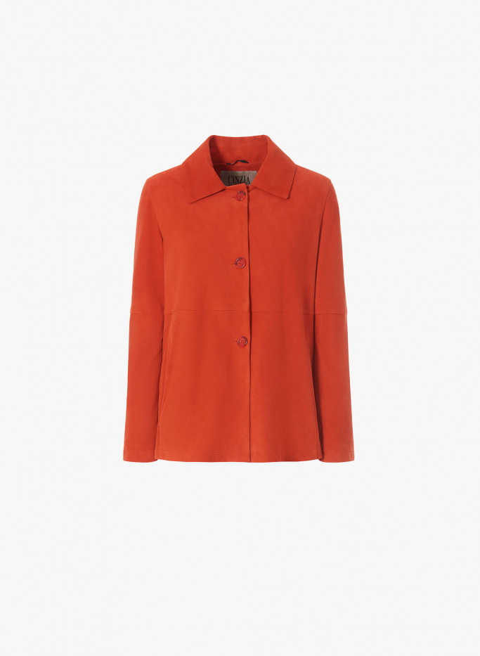 Coral color suede jacket with shirt collar