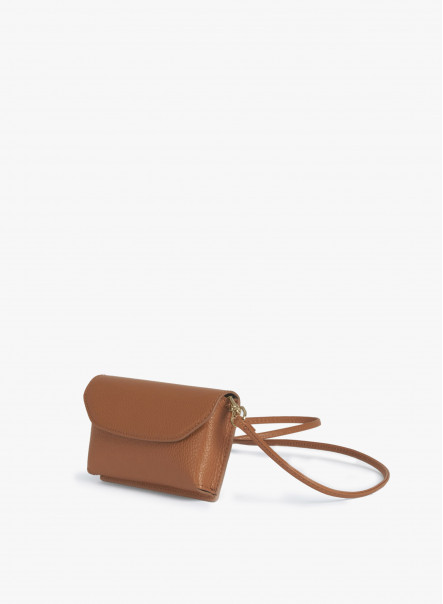 Tobacco color crossbody phone bag in genuine leather