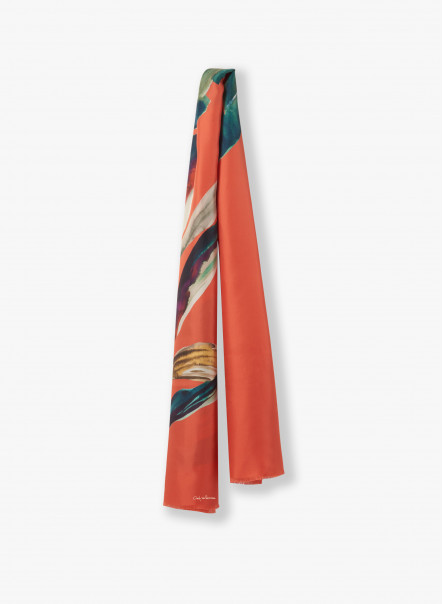 Orange twill silk scarf with stylized plant pattern