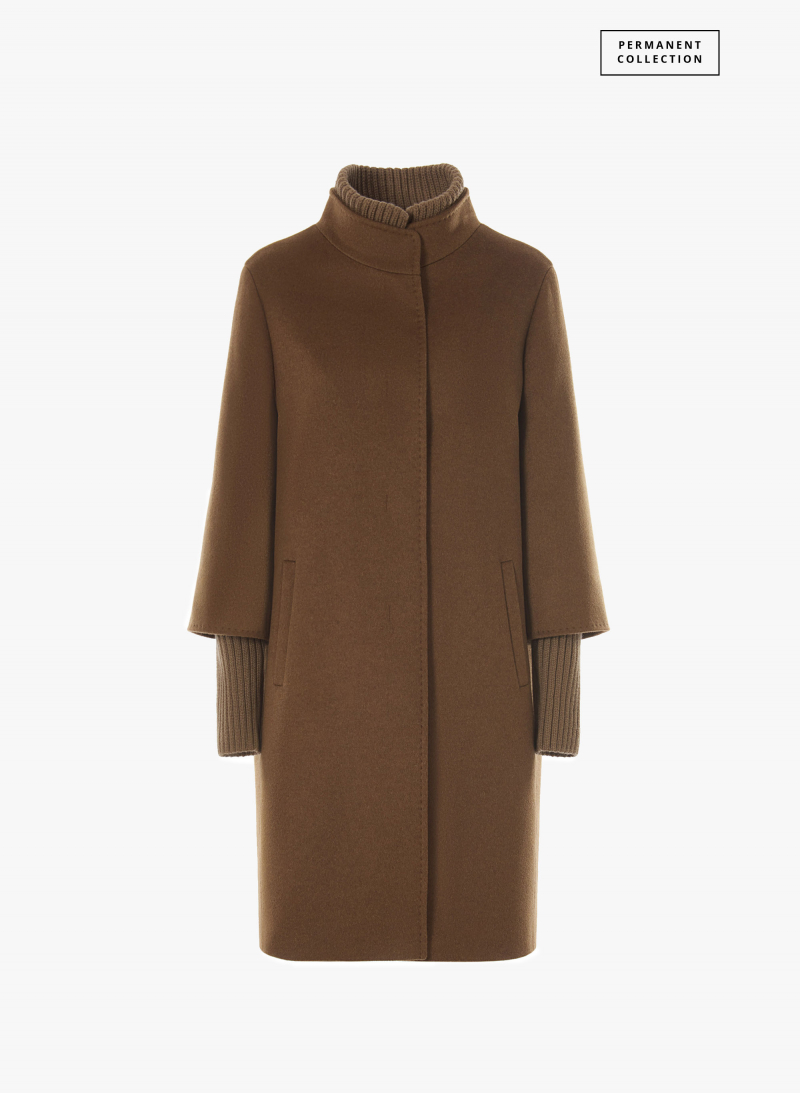 Tobacco color pure wool coat with detachable knitted details