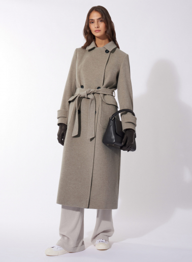 Maxi belted beige wool and cashmere trench coat