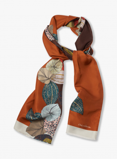 tobacco scarf Tobacco color twill silk scarf with stylized plant pattern