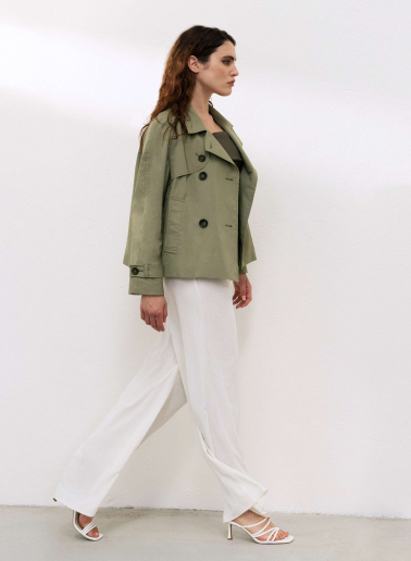 Double breasted military green jacket in technical fabric