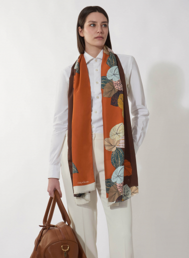 tobacco scarf Tobacco color twill silk scarf with stylized plant pattern