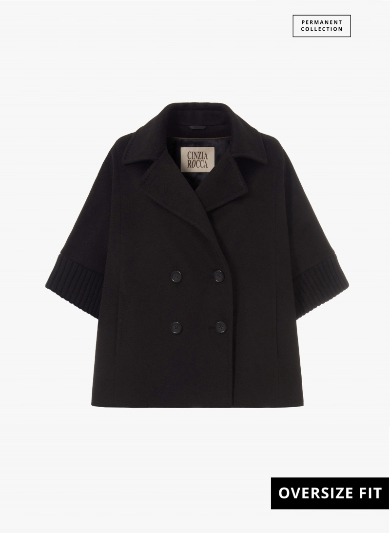 Black pure camel wool cape with knitted inserts