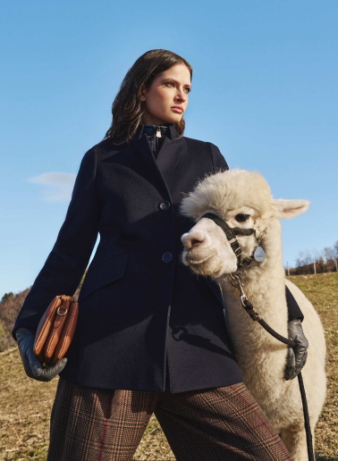 Short blue pure wool coat with detachable nylon bib