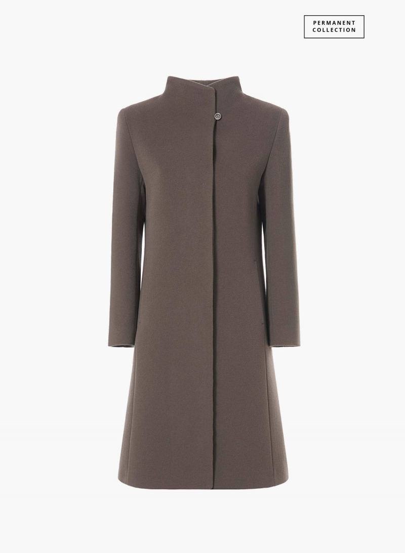 Dark taupe wool and cashmere coat with high stand up collar