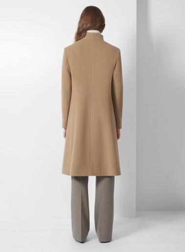 Dark camel wool and cashmere coat with high stand up collar