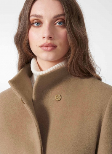 Dark camel wool and cashmere coat with high stand up collar