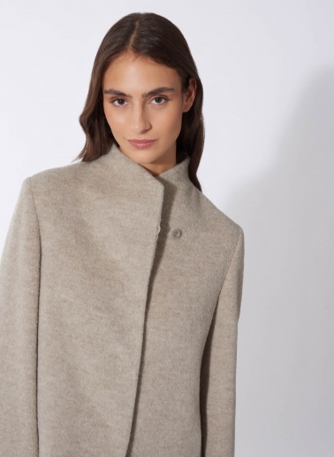 Short beige wool and alpaca coat with high stand up collar