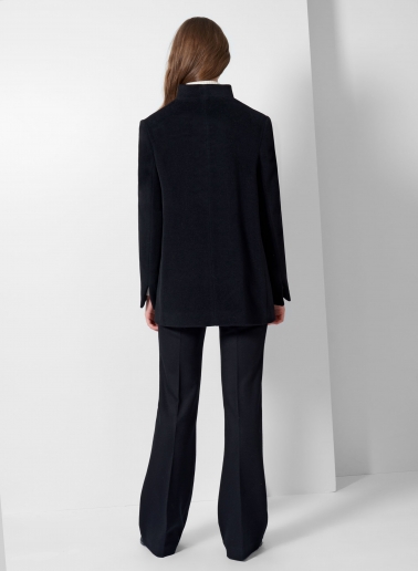 Short black wool and cashmere coat with high stand up collar