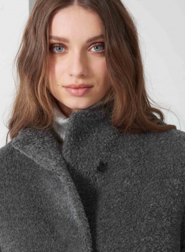 Flared grey wool and alpaca coat with high stand collar