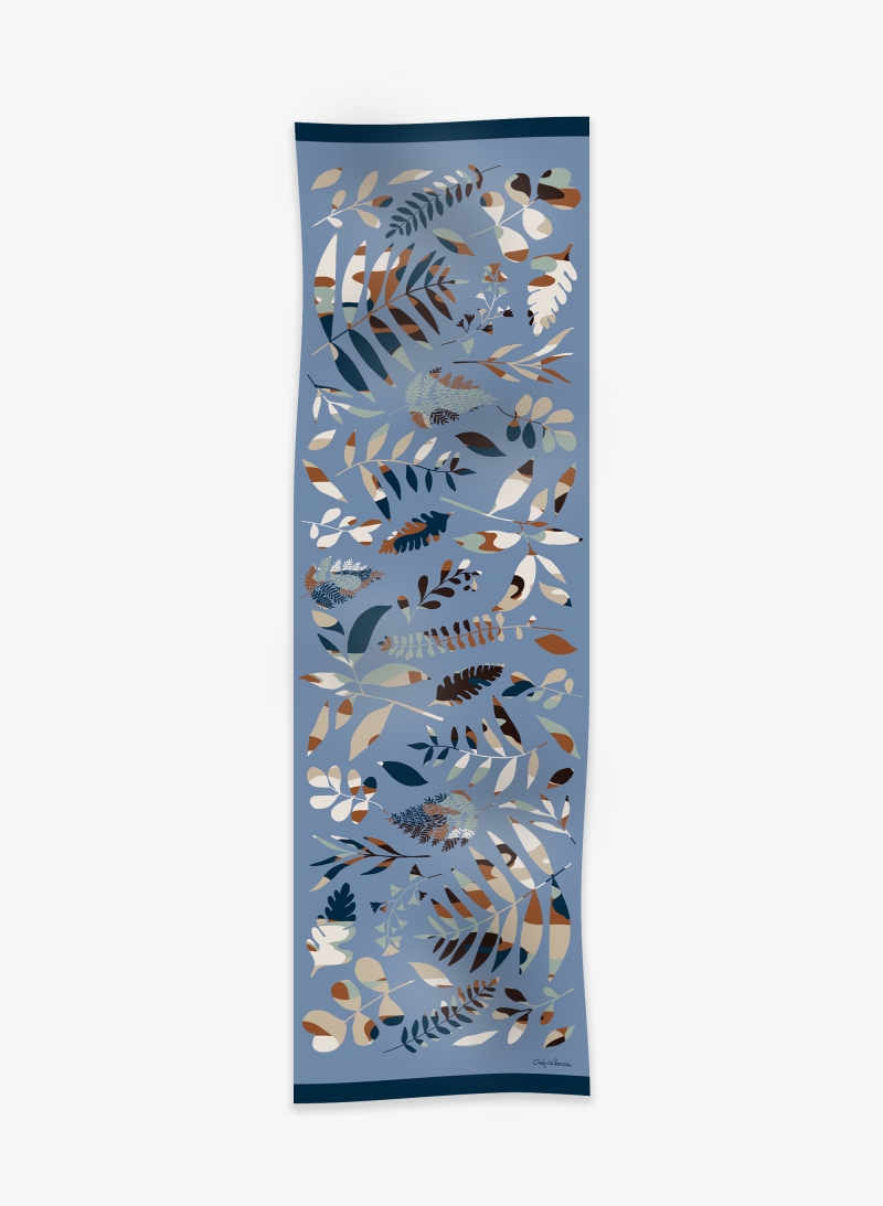 Light blue wool scarf with stylized leaves