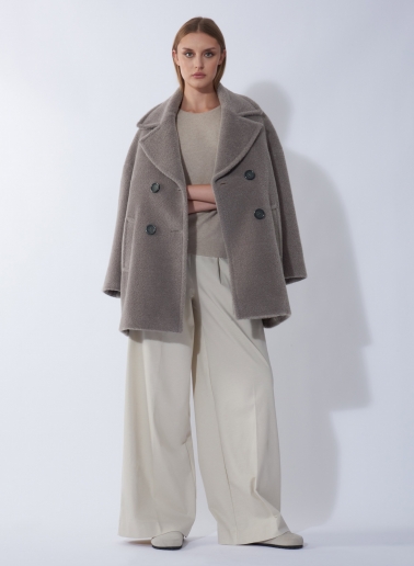 Short oversized dark taupe double breasted wool and alpaca coat