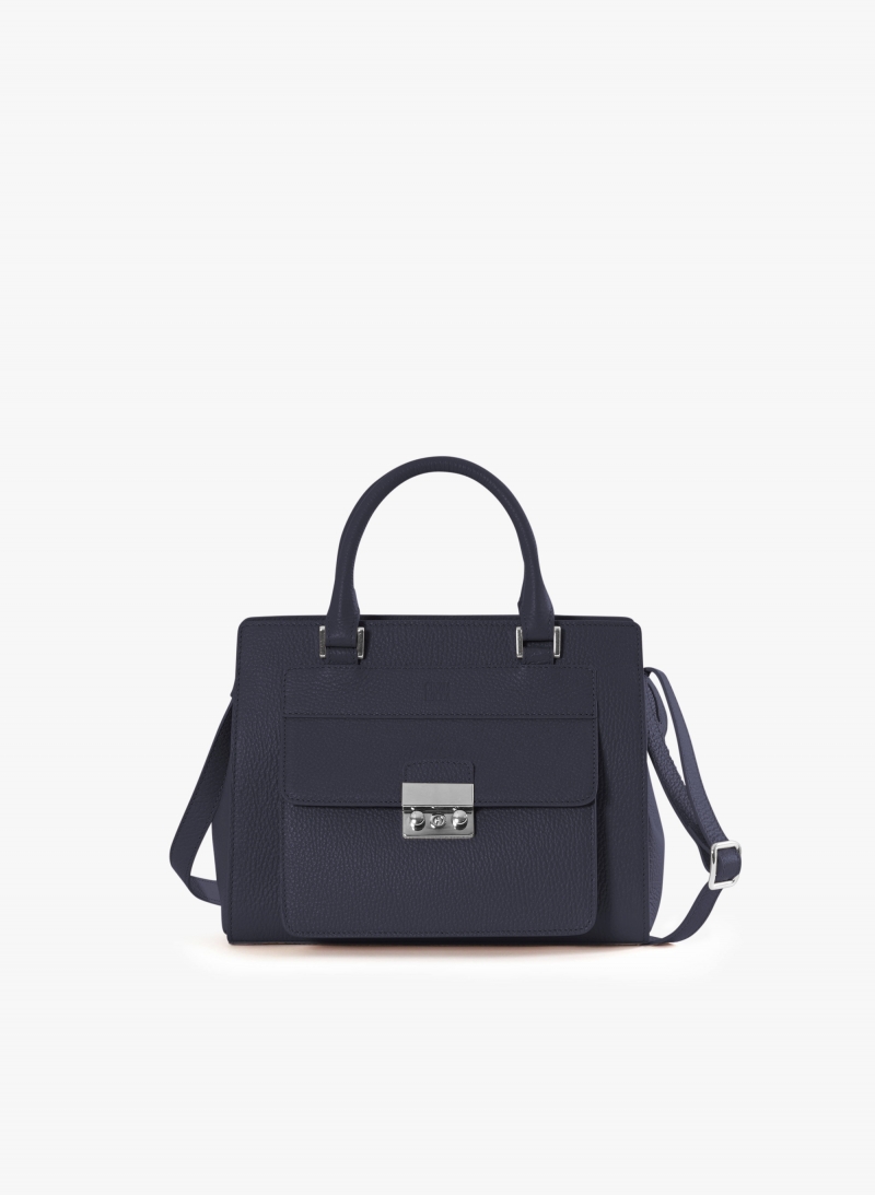 Blue genuine leather structured bag with metal closure