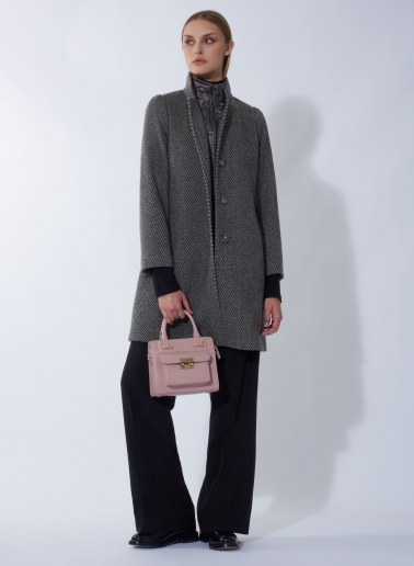 Herringbone grey pure wool coat with detachable nylon bib
