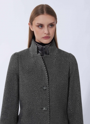 Herringbone grey pure wool coat with detachable nylon bib