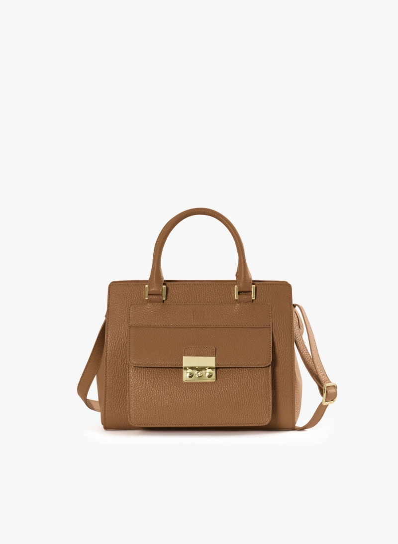 Tobacco color genuine leather structured bag with metal closure