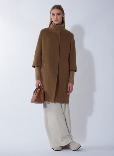 Tobacco color pure wool coat with detachable knitted details