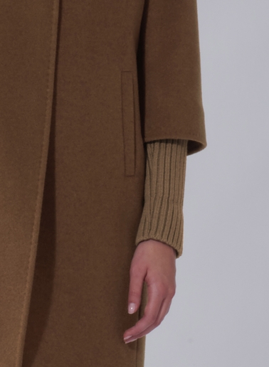 Tobacco color pure wool coat with detachable knitted details