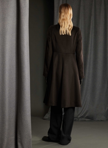 Long brown pure silk frock coat with high drape collar