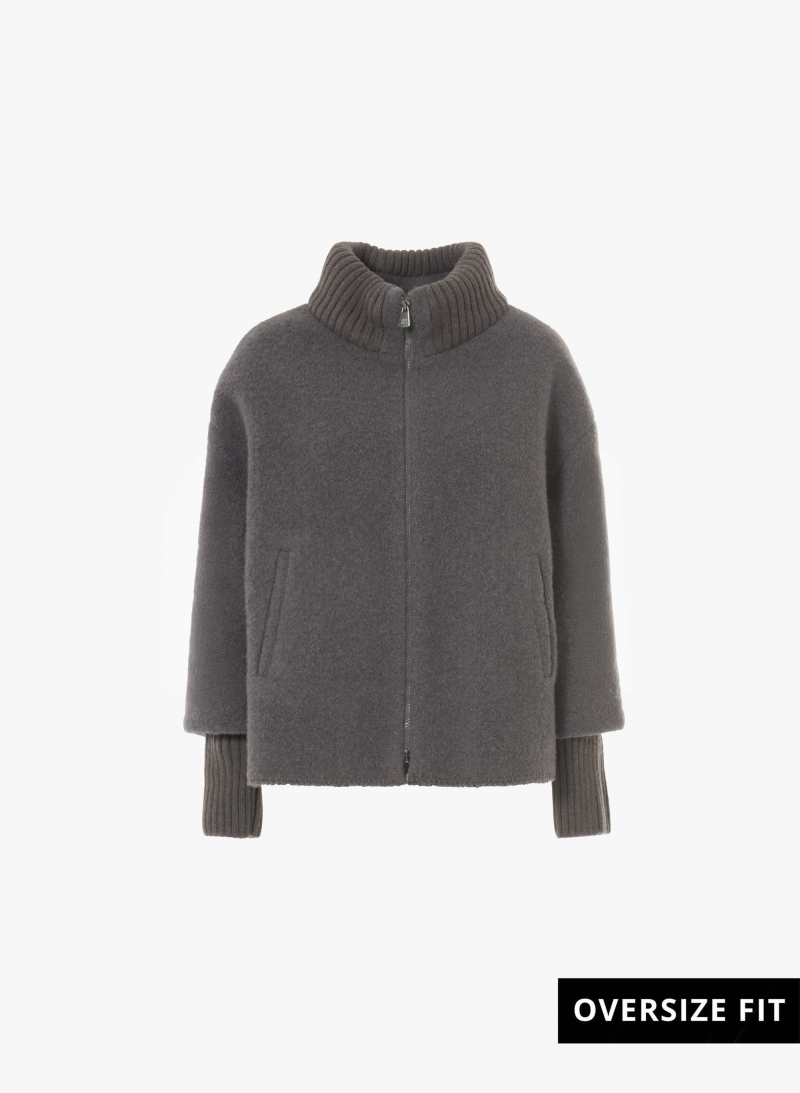 Short oversized dark taupe coat with knitted inserts