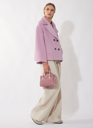 Short oversized pink coat in pure wool with maxi notch collar
