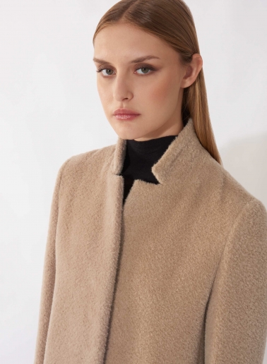 Maxi dark beige wool and alpaca coat with inverted notch collar