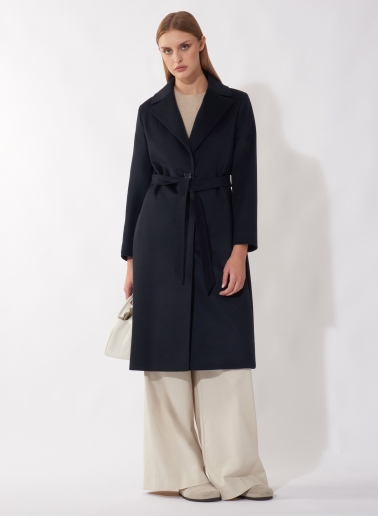 Belted fitted blue pure cashmere coat