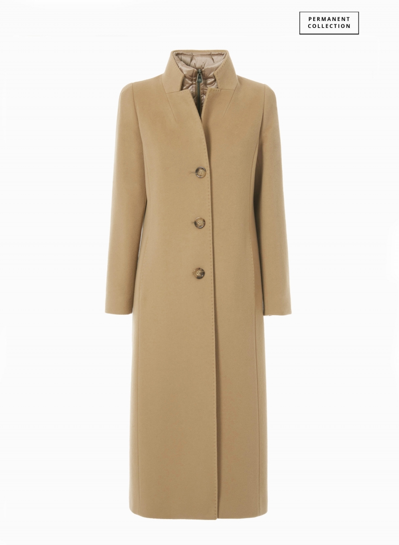 Maxi camel wool coat with detachable nylon bib