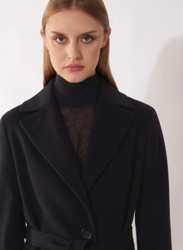 Belted fitted black pure wool coat