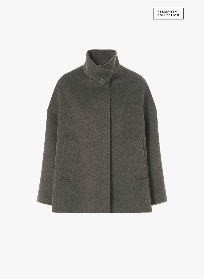 Short flared dark taupe wool coat with high collar