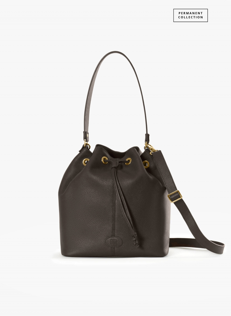 Brown genuine leather bucket bag with gusset and logo
